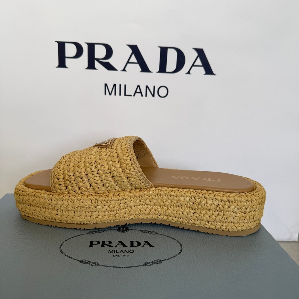Prada 1XZ761 Crochet flatform slides Raffia Sandals, Women size 40 US 10) - Picture 4 of 16